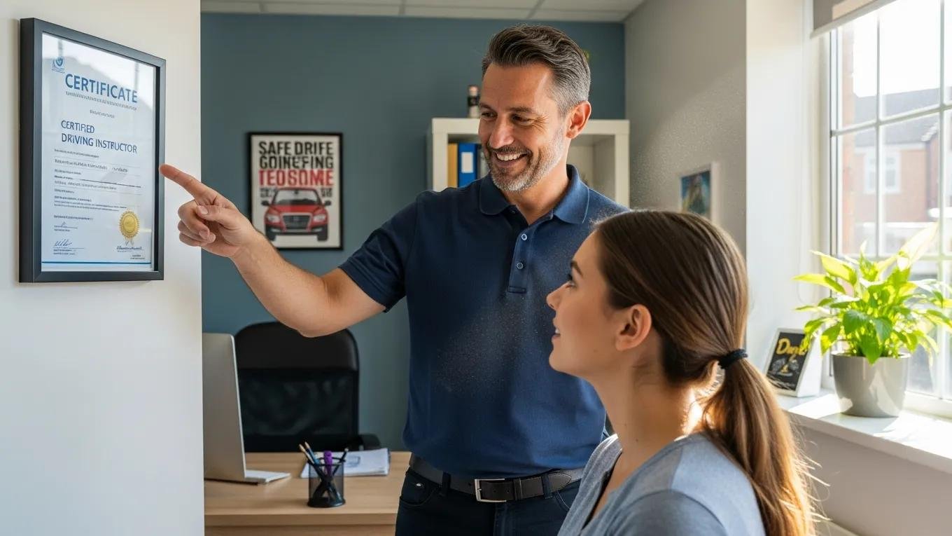 Driving instructor presenting credentials to a learner in a driving school office
