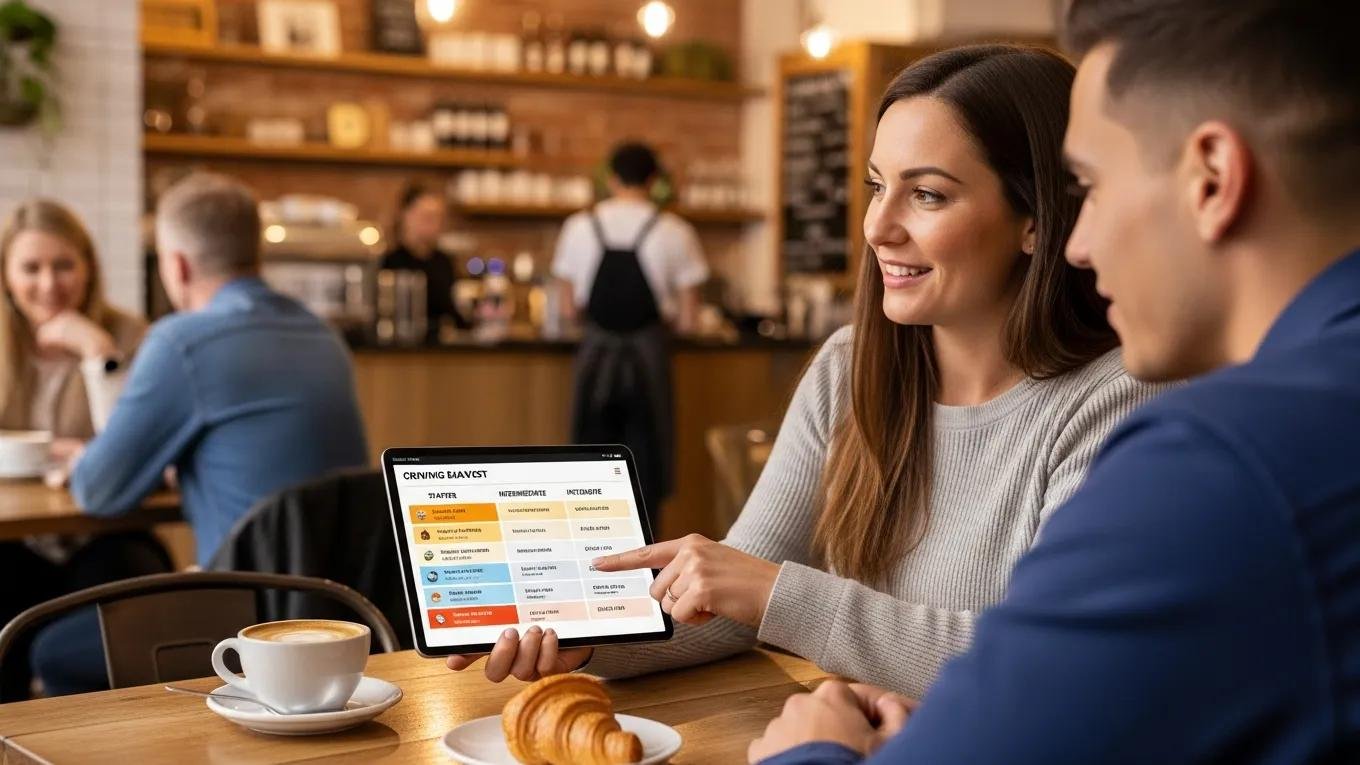 Learner and instructor reviewing lesson package options on a tablet at a café