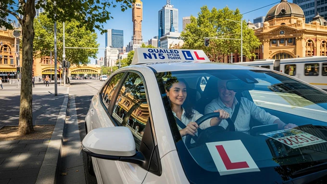 Learner driver practicing driving in Melbourne with instructor, showcasing a modern automatic vehicle