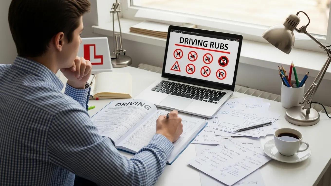 Learner studying road rules with a manual and laptop at a desk