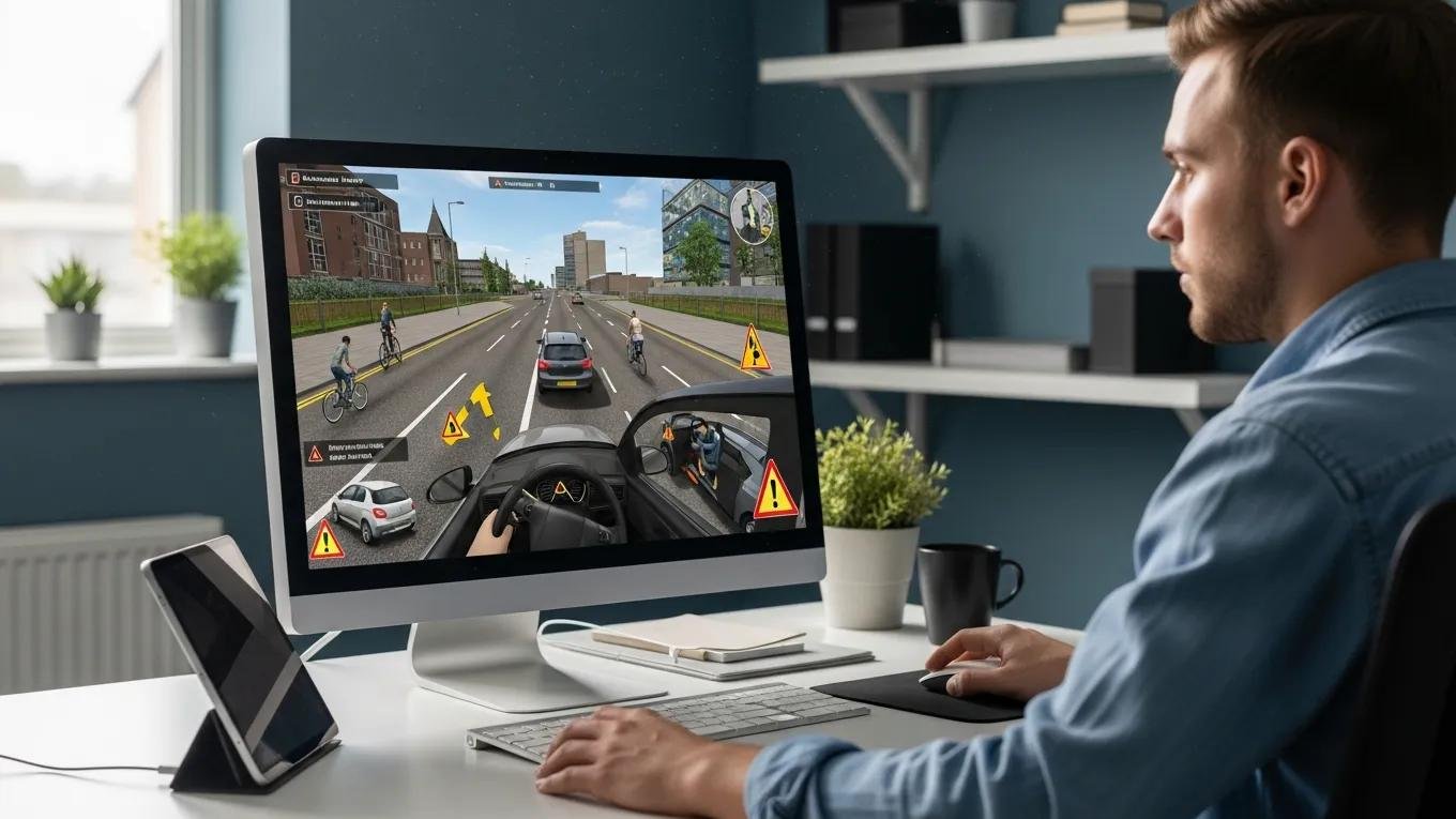 Learner taking a hazard perception test on a computer