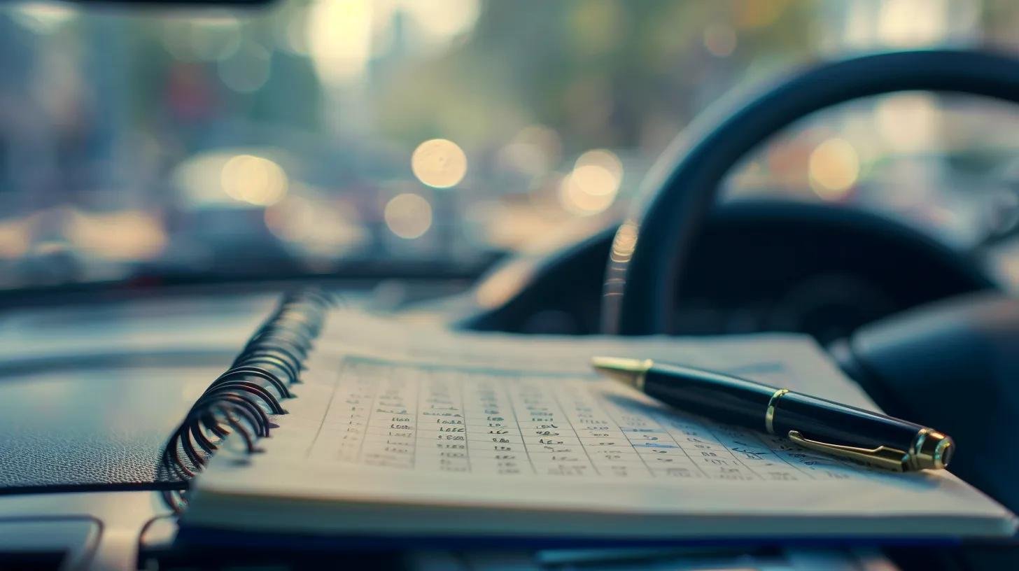 Close-up of a driving logbook and pen on a car dashboard, highlighting logbook hours requirements for learner drivers