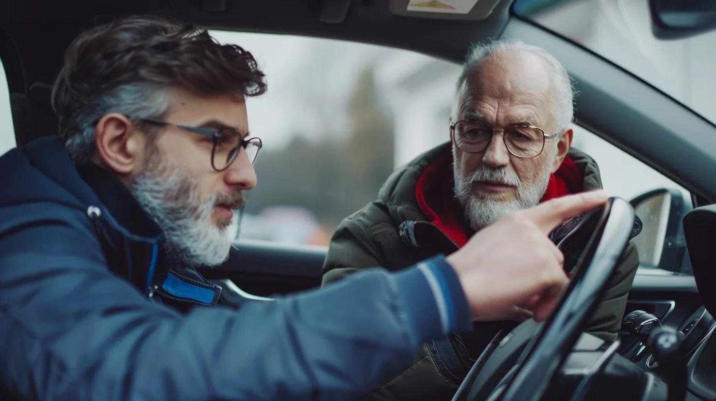 Driving instructor providing tips to a learner driver on manual driving techniques