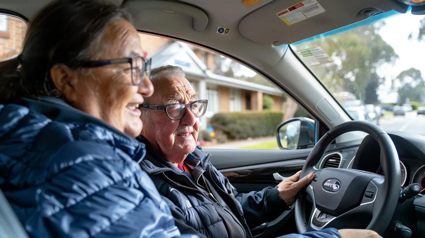 Driving instructor assisting an NDIS participant in a dual-control vehicle on a quiet residential street