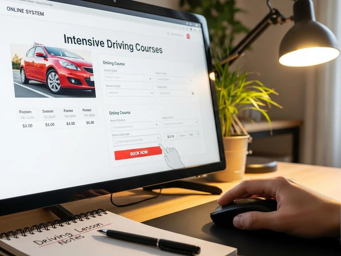 Close-up of a computer screen showing the online booking system for intensive driving courses, highlighting user-friendly access
