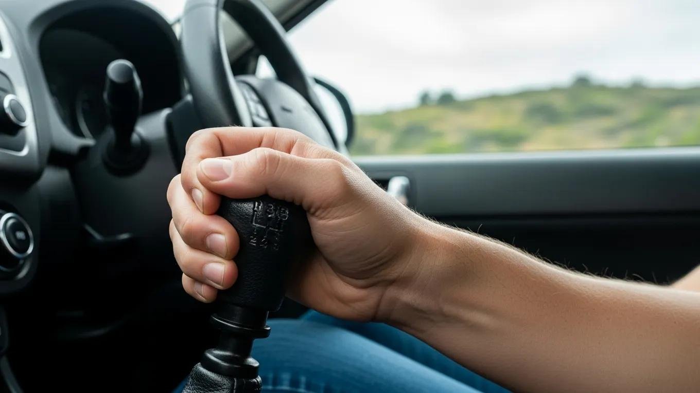 Close-up of manual transmission gear stick in a car on a hilly road