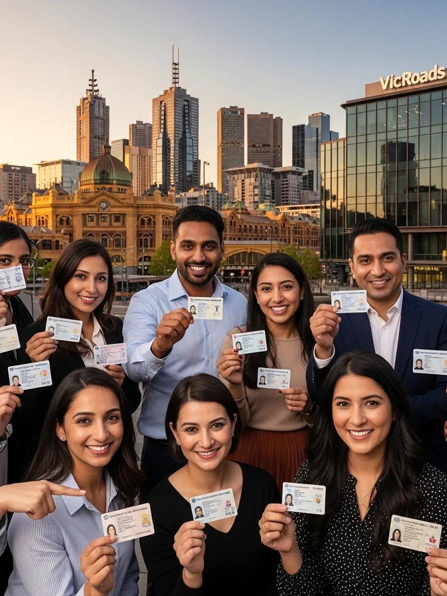 Diverse individuals holding overseas driver licenses in front of Melbourne skyline, representing the license conversion process