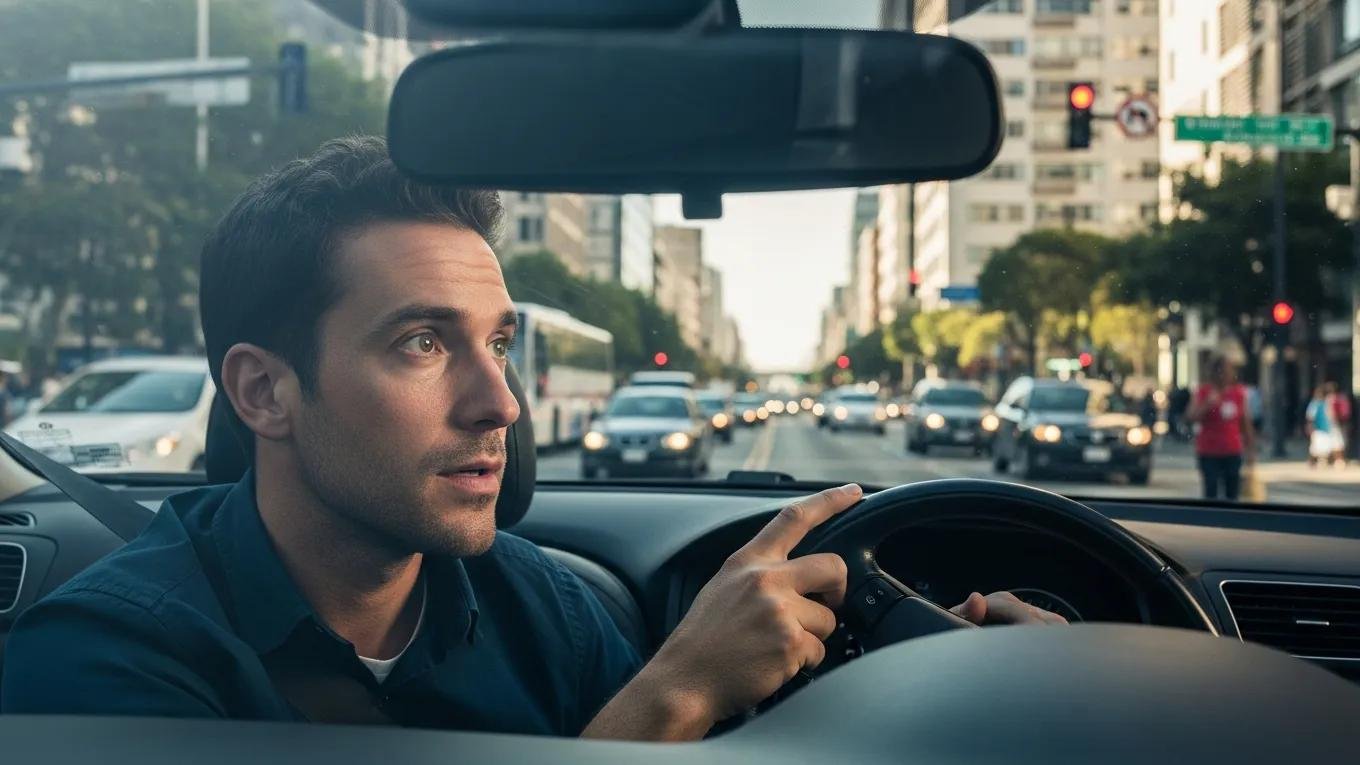 Driver practising defensive techniques in urban traffic