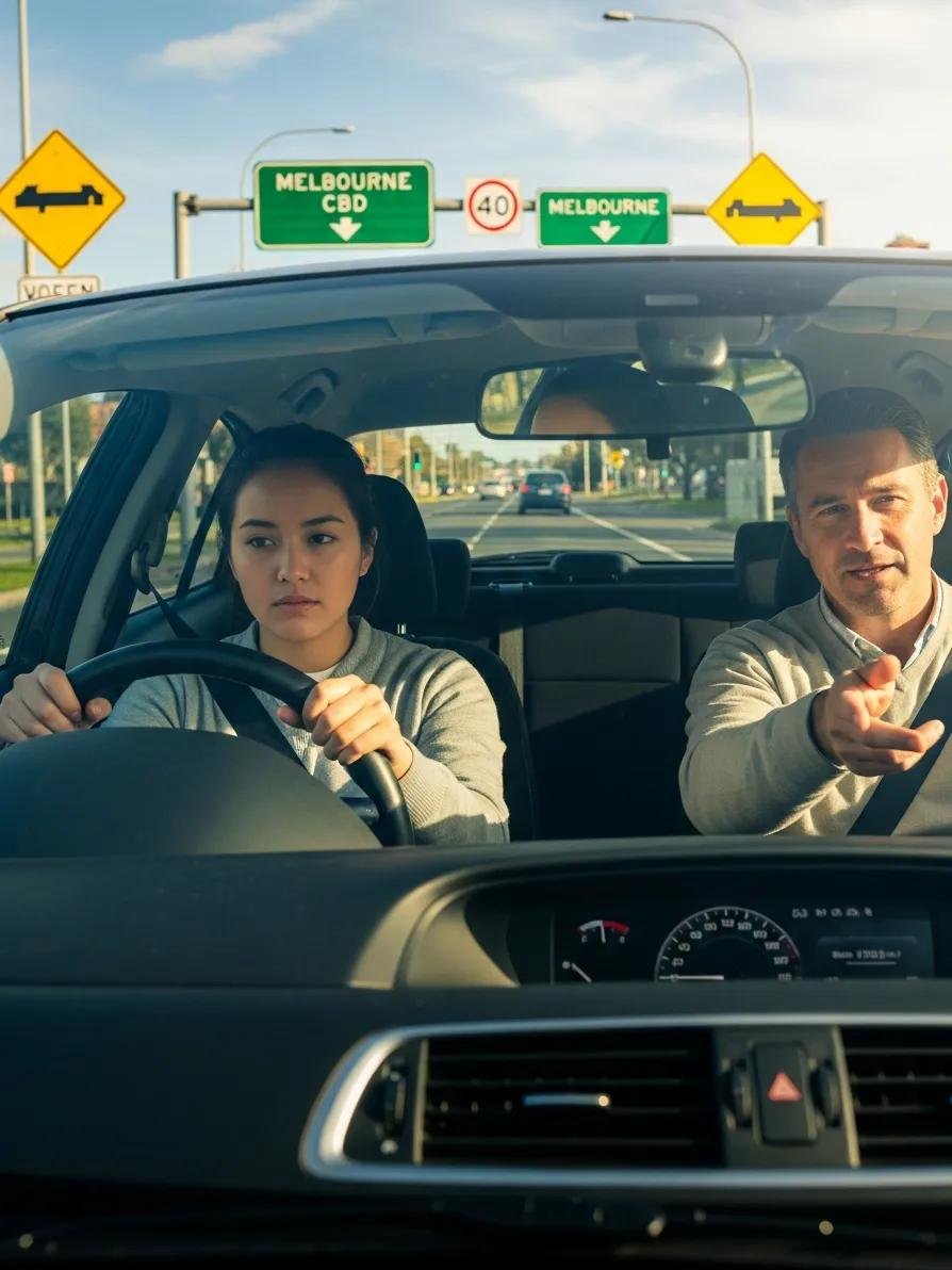 Driving instructor coaching a student on a Melbourne street, helpful for preparing for a practical test