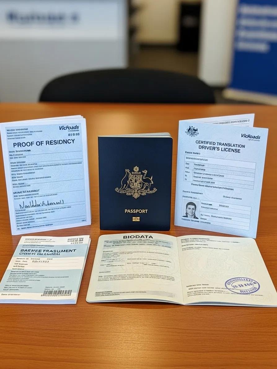 Flat lay of passport, proof of residency and other documents needed for overseas licence conversion