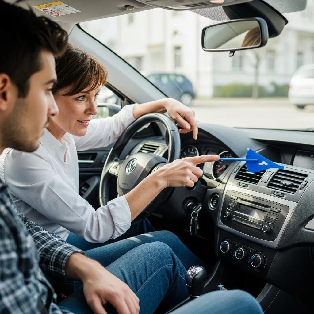 Instructor teaching vehicle controls to a learner driver