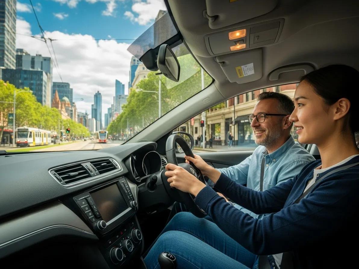 Learner driver and instructor in a car on a sunny Melbourne street, highlighting intensive driving courses