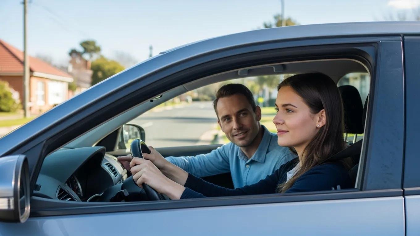 Learner driver practicing driving skills with an instructor in a suburban setting