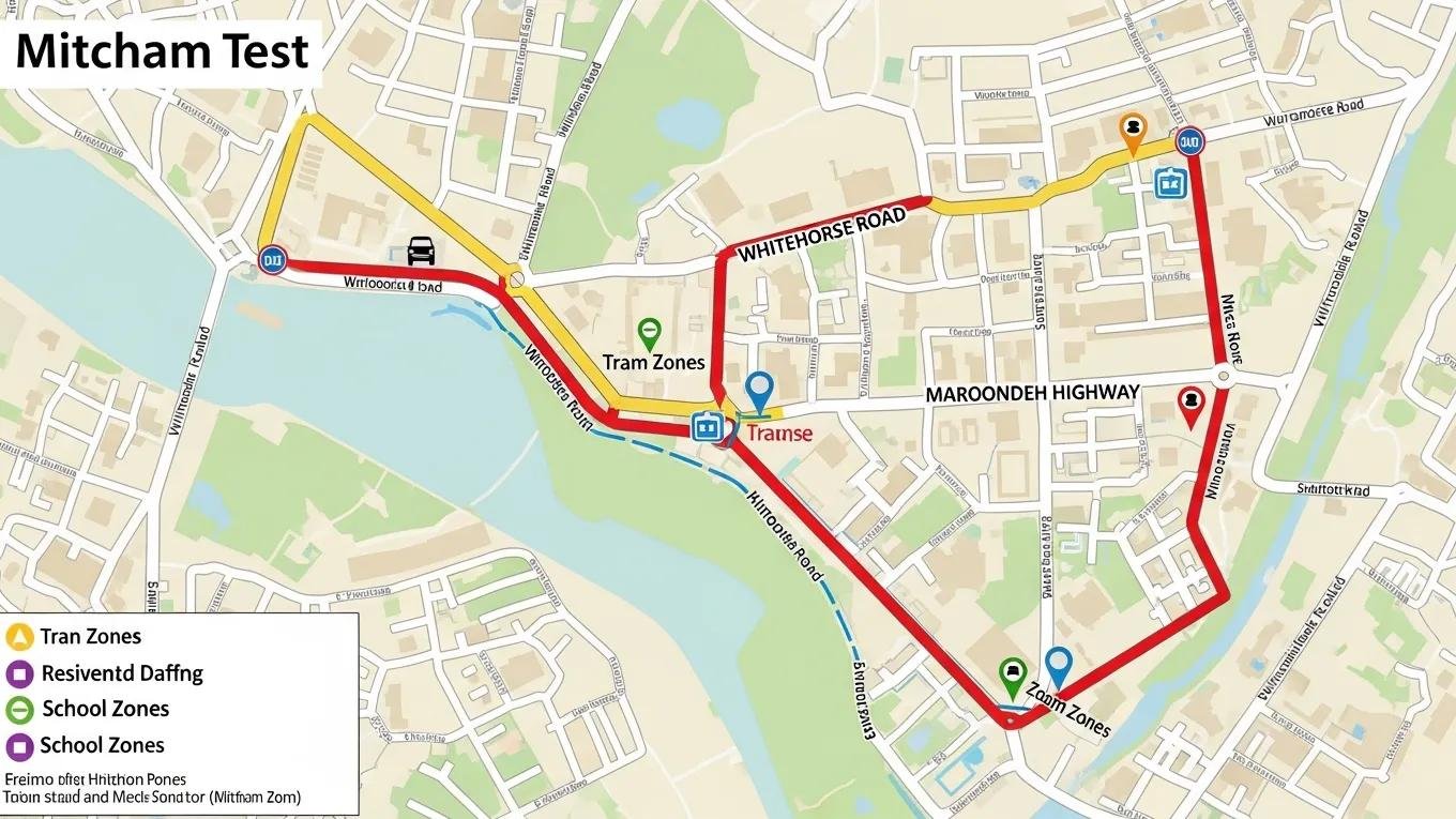 Map of Mitcham driving test routes highlighting key areas and traffic conditions