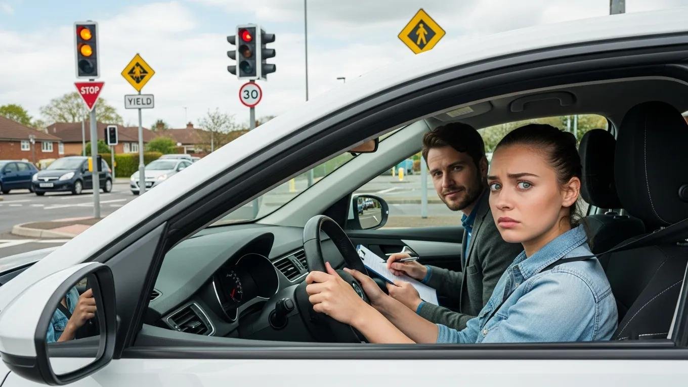 Learner feeling nervous before a driving test on a local route