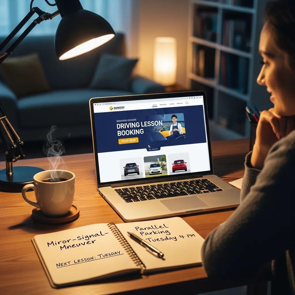 Person booking flexible driving lessons online with a laptop