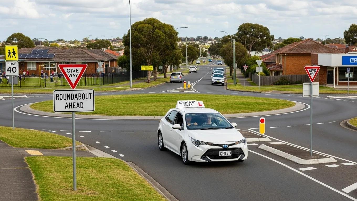 Scenic view of Frankston driving test route with learner driver navigating roundabout