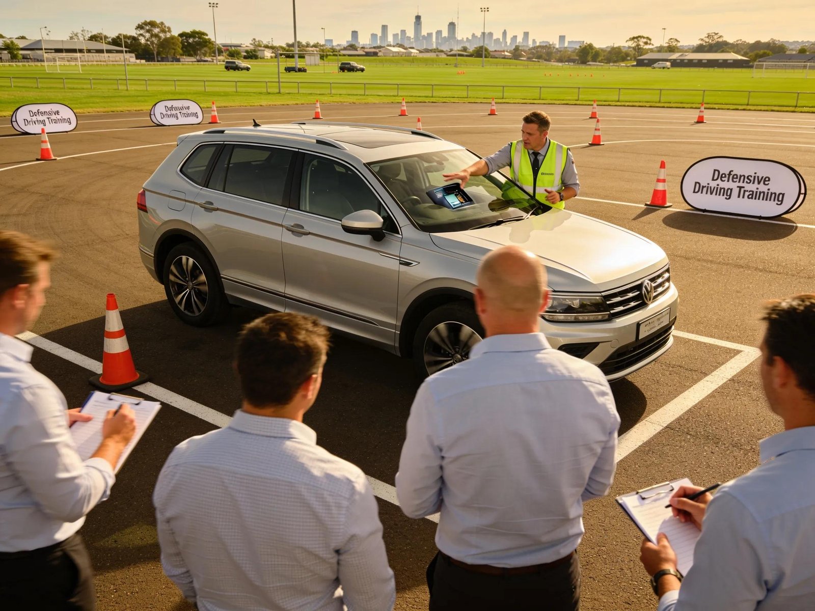 Corporate driving training session in Cranbourne with employees learning safety techniques