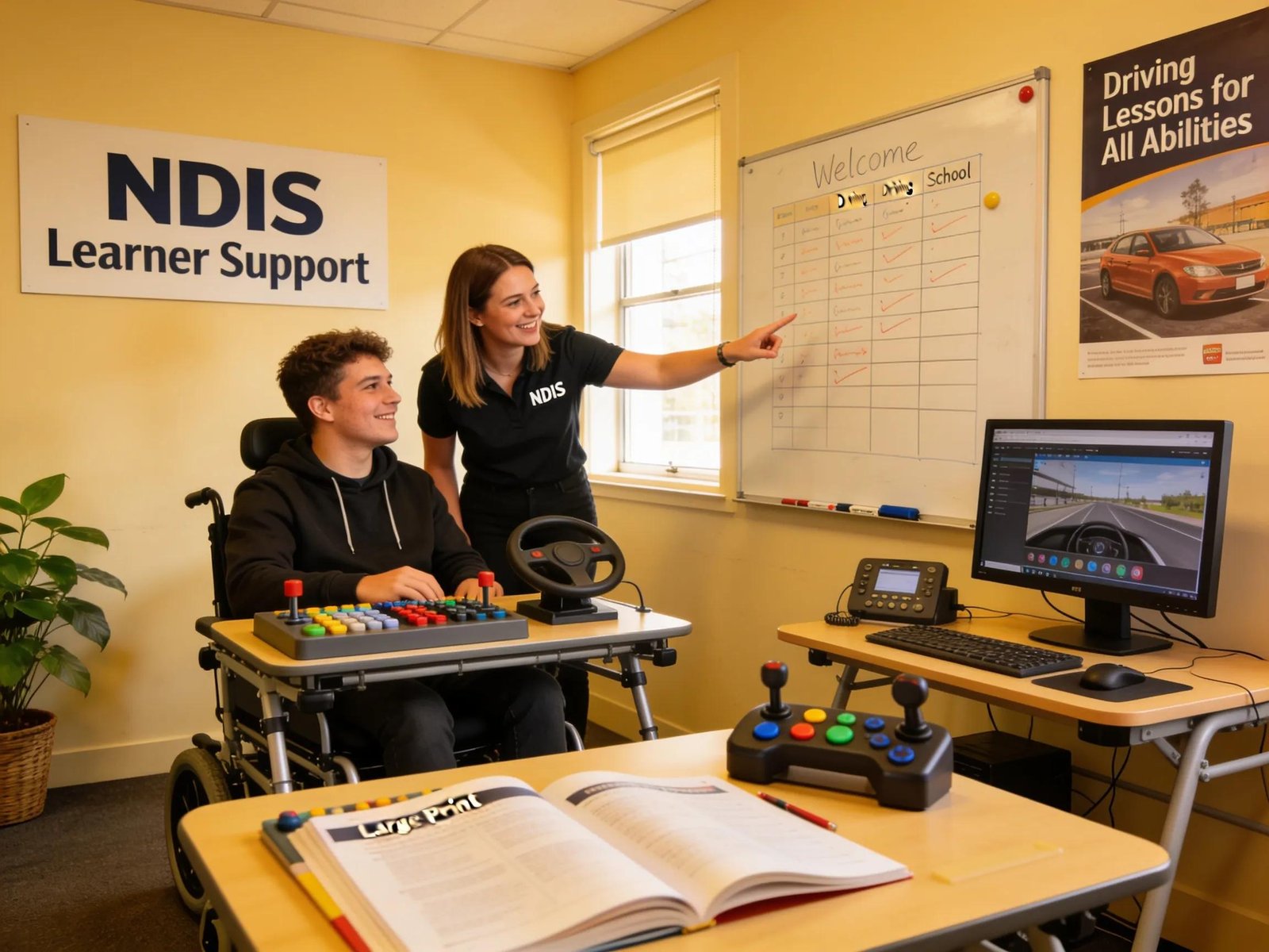 Classroom setting for NDIS driving lessons in Hallam, featuring a female instructor supporting learner participants