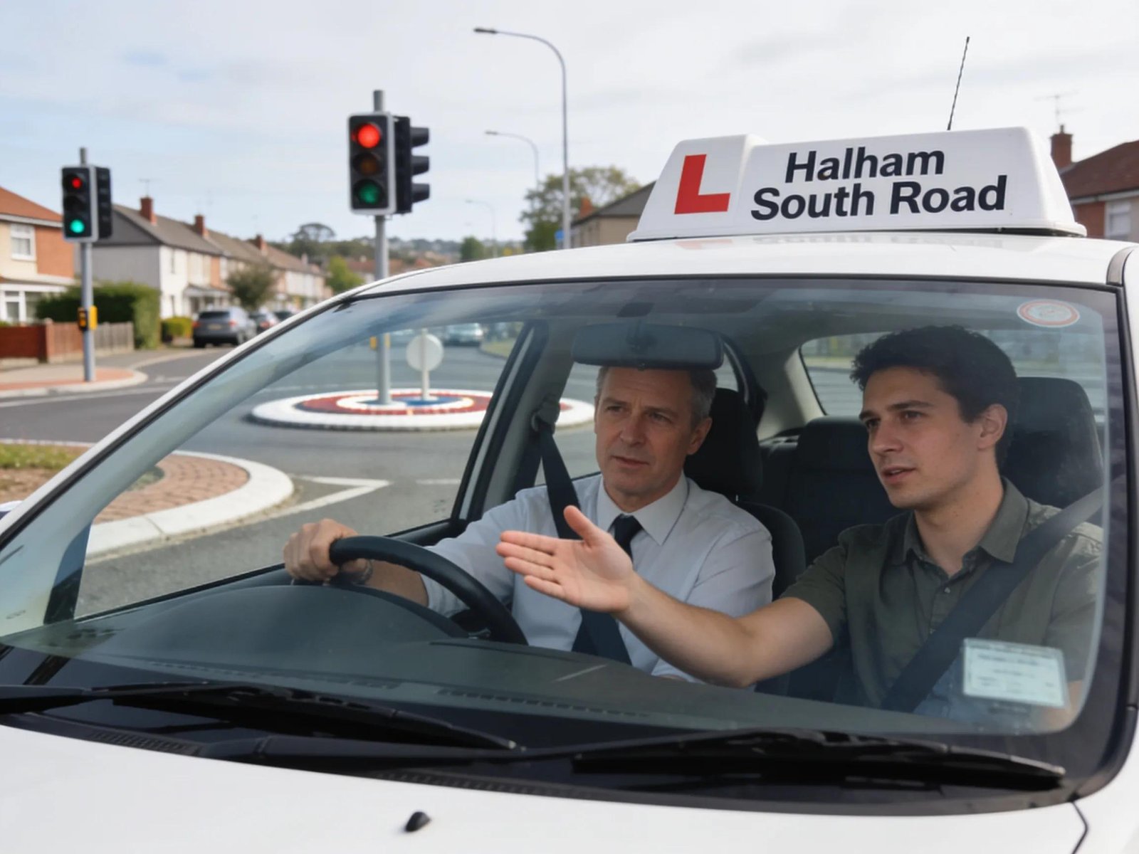 Learner driver practicing on Hallam South Road with an instructor, highlighting driving education