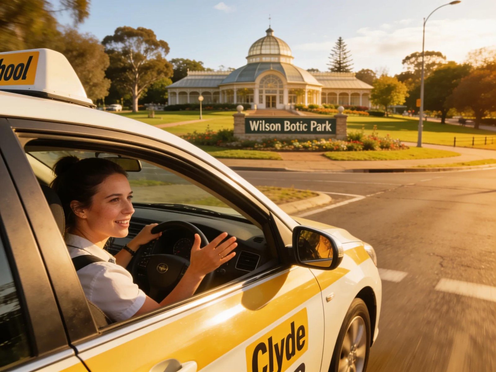 Learner driver practicing on Clyde Road near Wilson Botanic Park with a female instructor, highlighting local driving school experience
