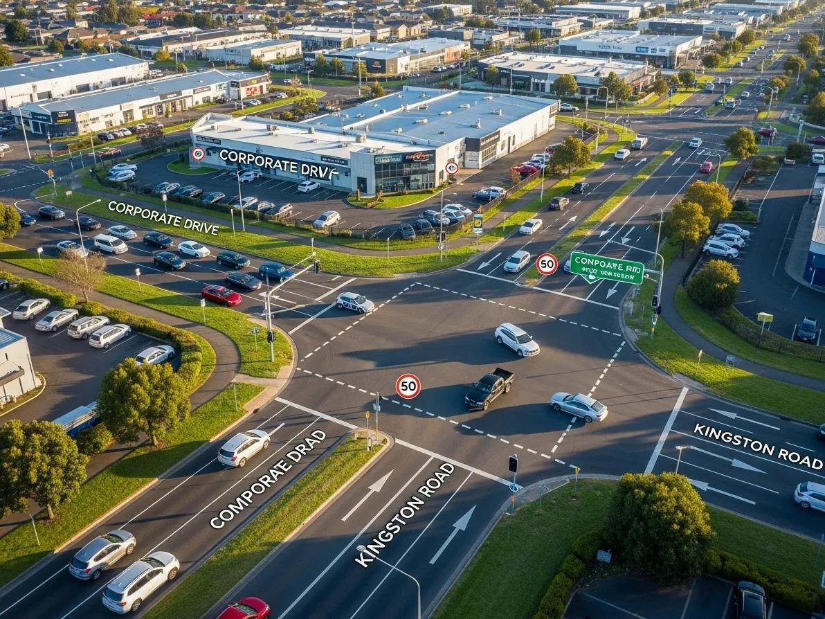 Aerial view of Heatherton driving test routes including Corporate Drive and Kingston Road