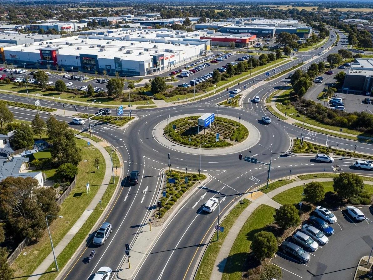 Aerial view of Narre Warren driving test route with complex roundabouts and intersections