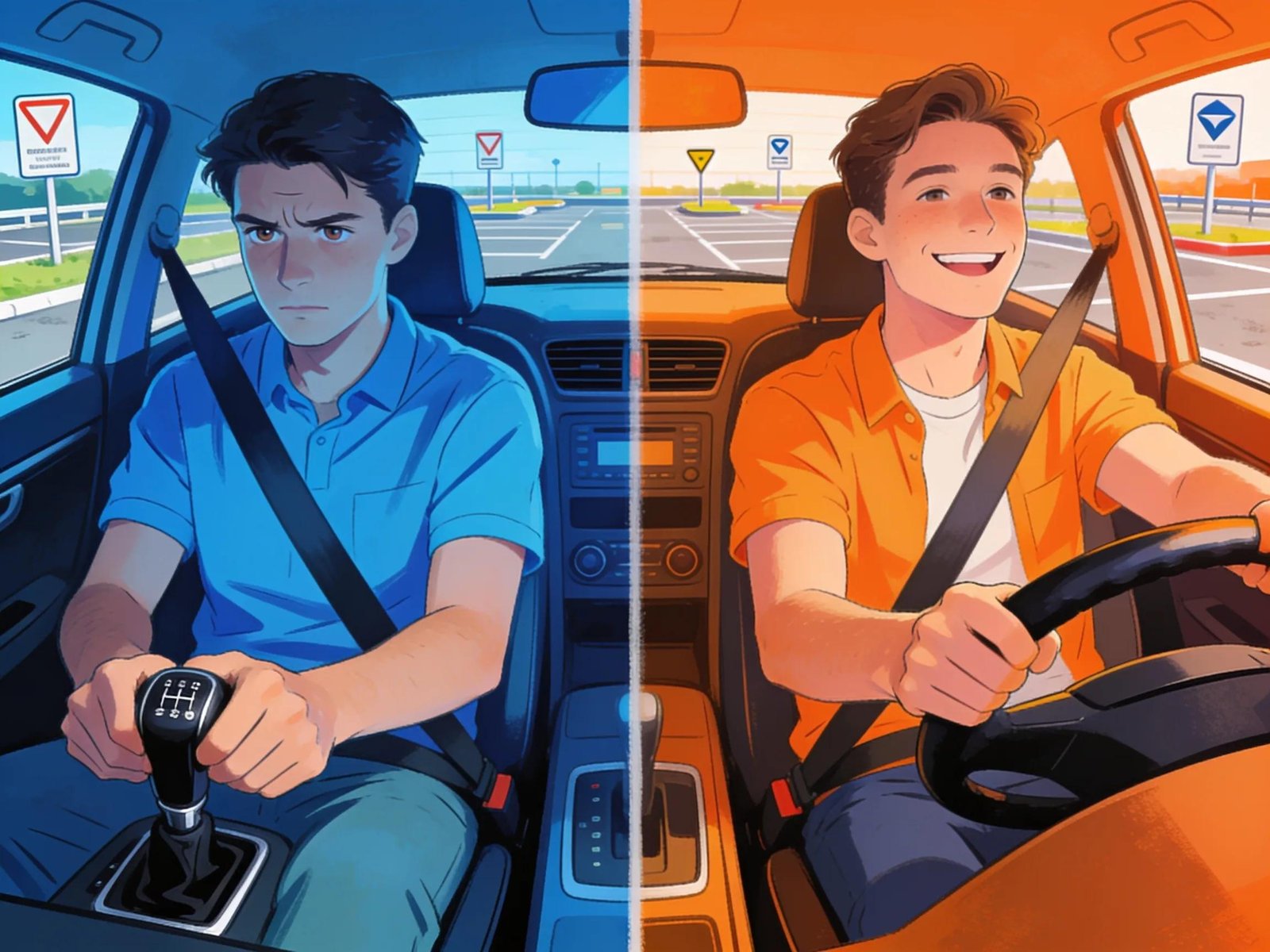 Visual comparison of manual and automatic driving lessons highlighting key learning experiences