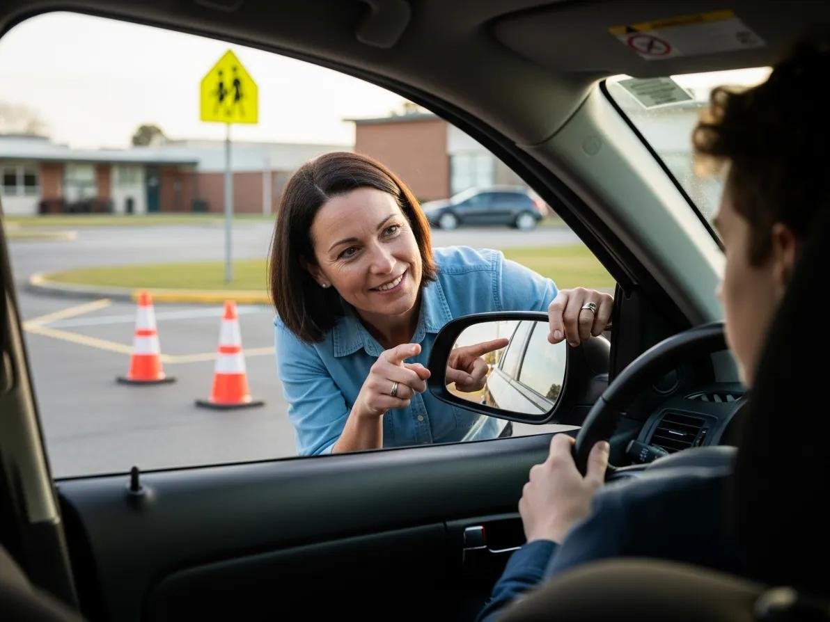 Driving instructor assisting a learner with parallel parking in a school zone