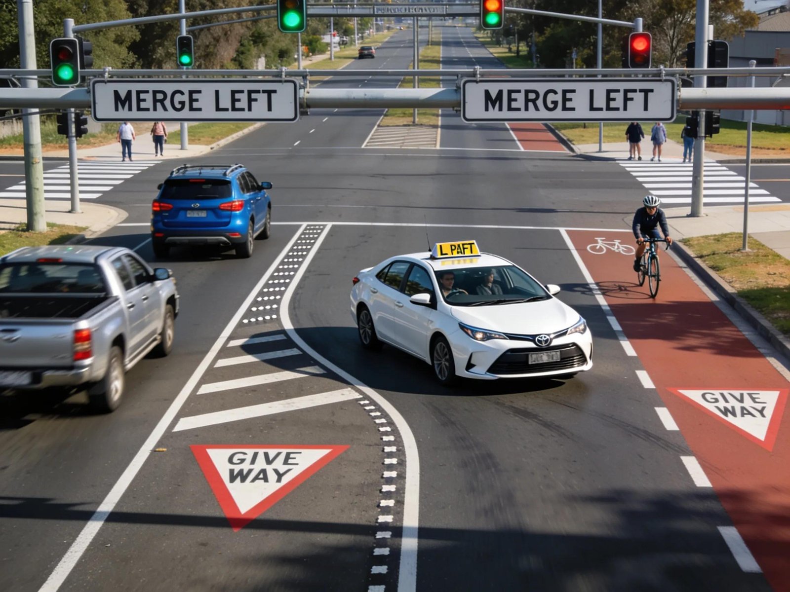 Learner driver merging into traffic on Princes Highway, emphasizing road user interaction and navigation skills