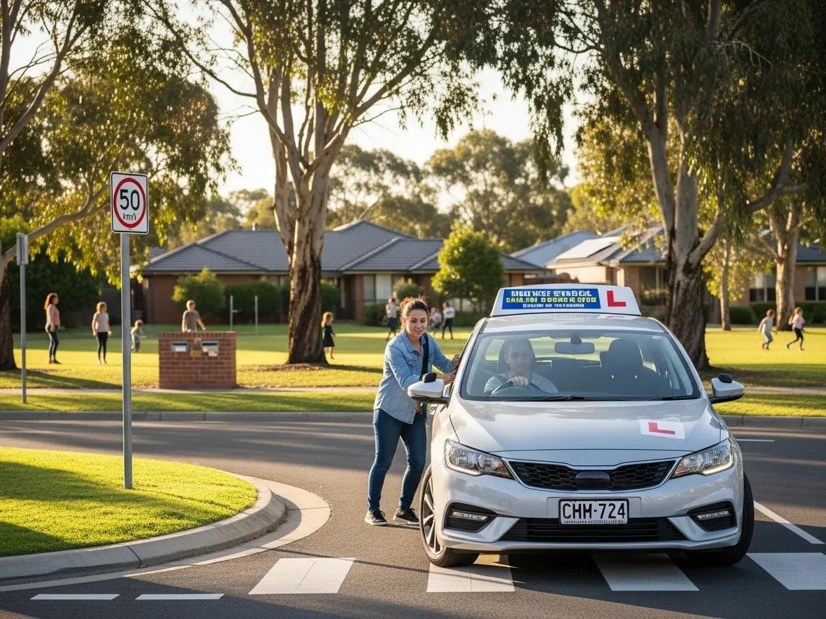 Learner driver practicing driving skills in Narre Warren's residential area