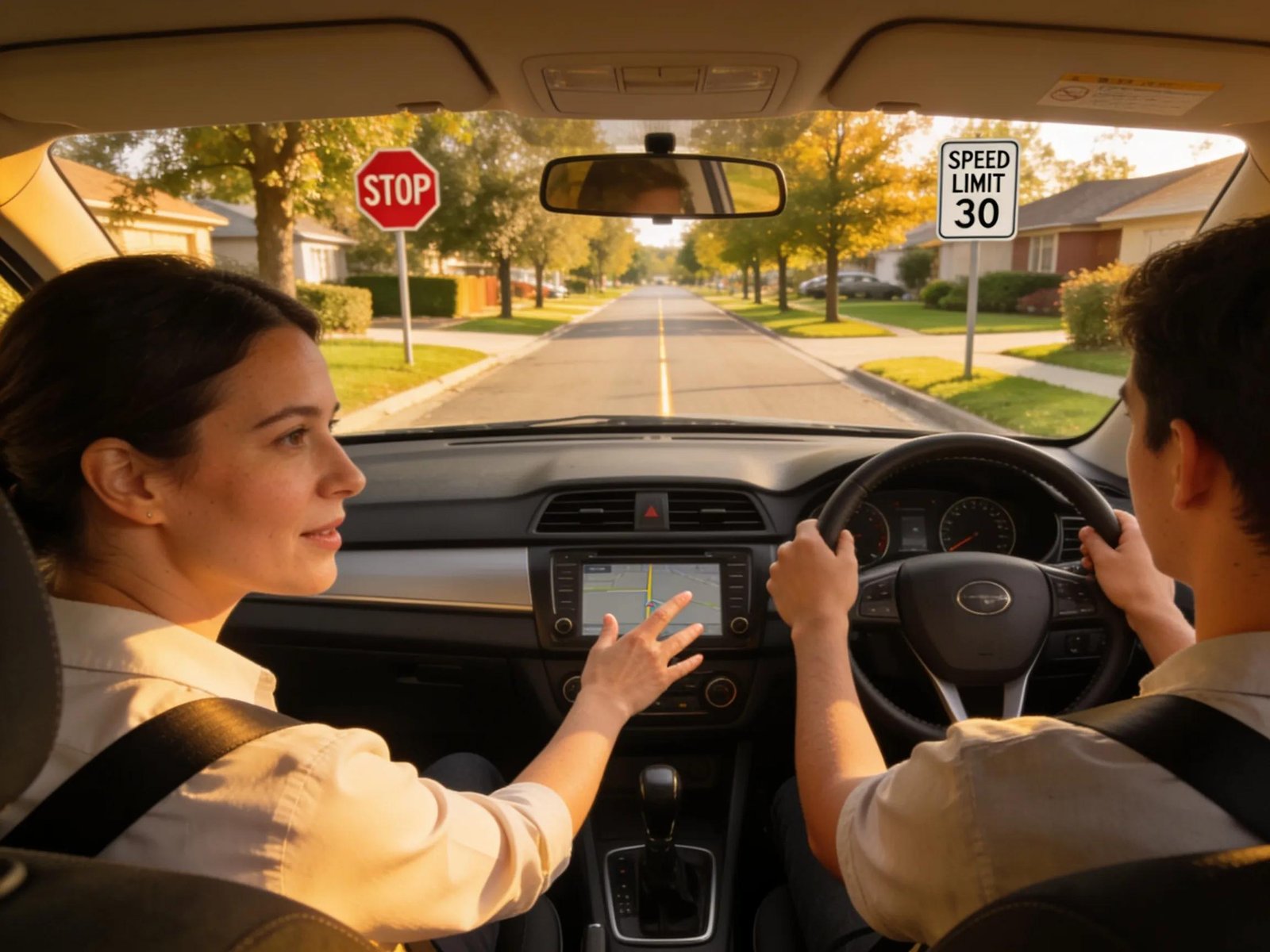 Driving instructor assisting a learner driver during a practice session in a suburban neighborhood