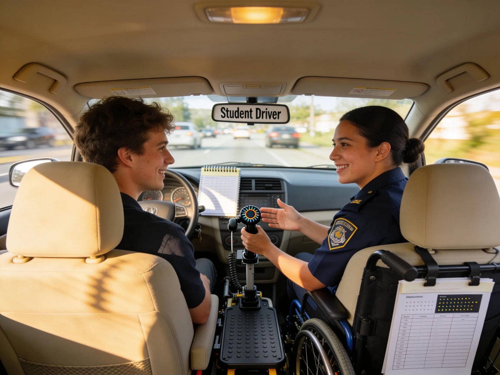 Instructor assisting learner driver with disabilities during personalized lesson.