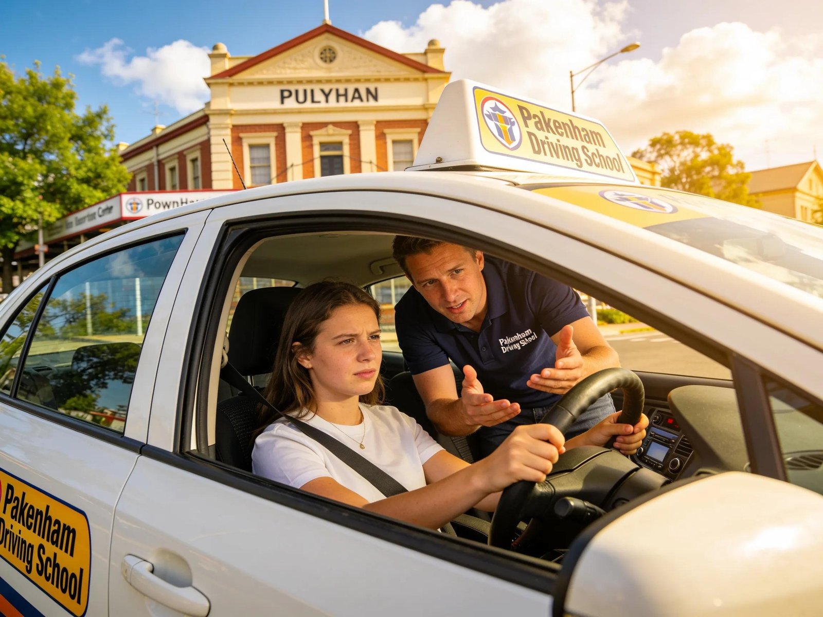 Local driving school car at a landmark in Pakenham, featuring an instructor teaching a student