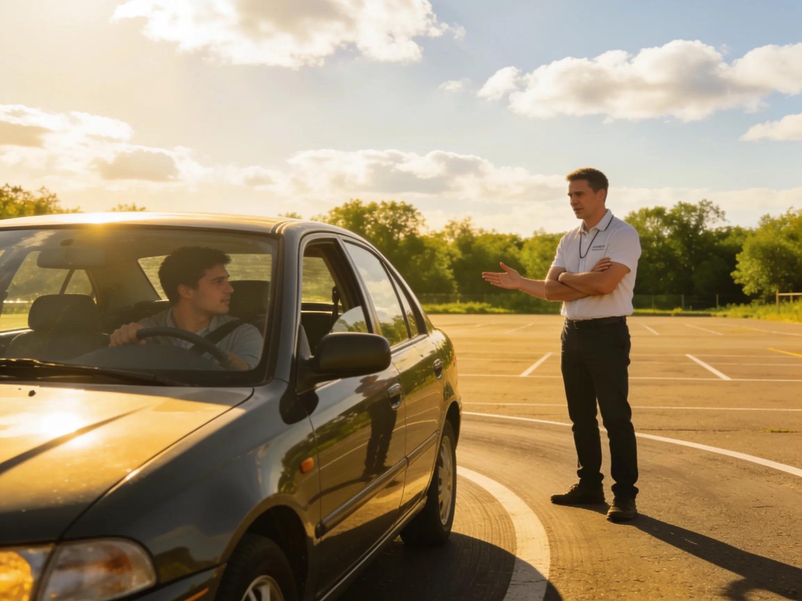 Driving instructor providing guidance to learner driver during VicRoads test preparation.