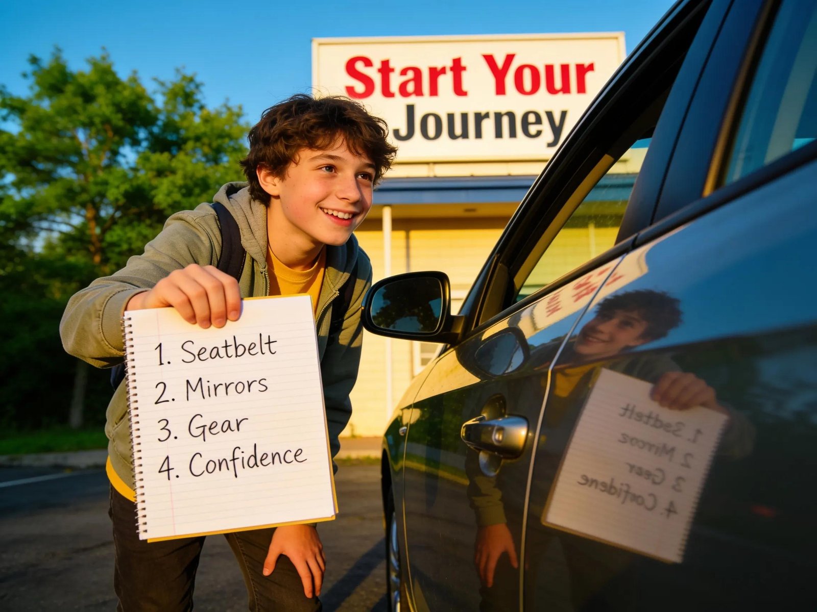 Young learner driver preparing for first driving lesson with a checklist