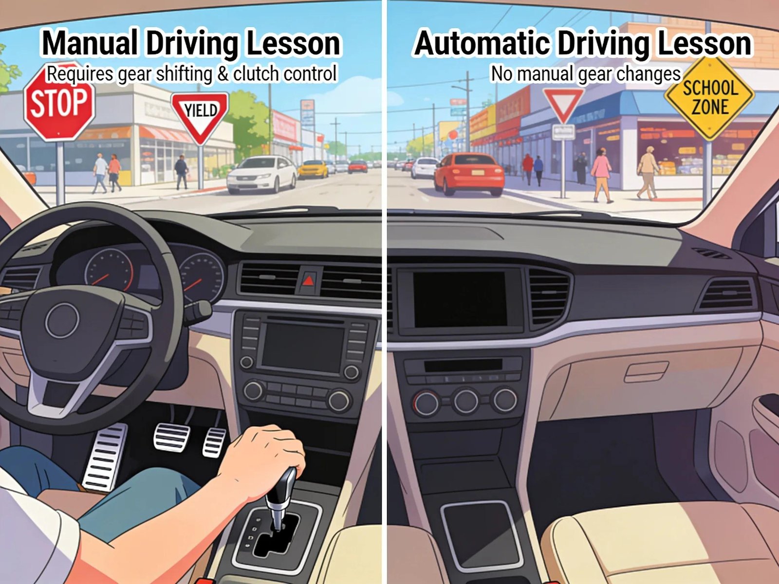 Comparison of manual and automatic driving lessons featuring a manual gear shift and an automatic transmission