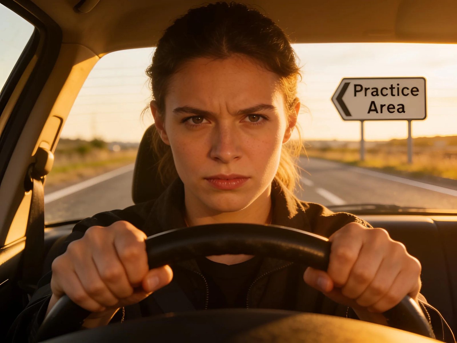 Learner driver preparing for driving test, focused and determined