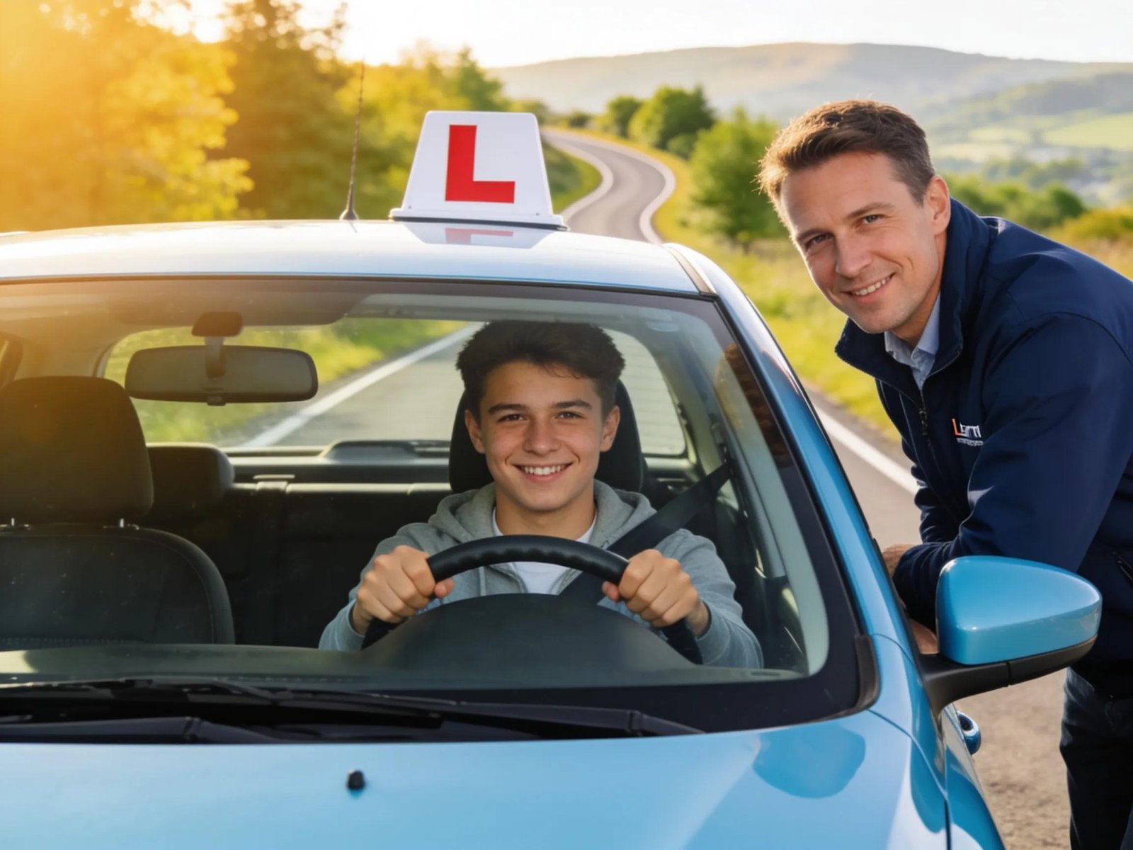 Young learner driver practicing with instructor on a scenic road
