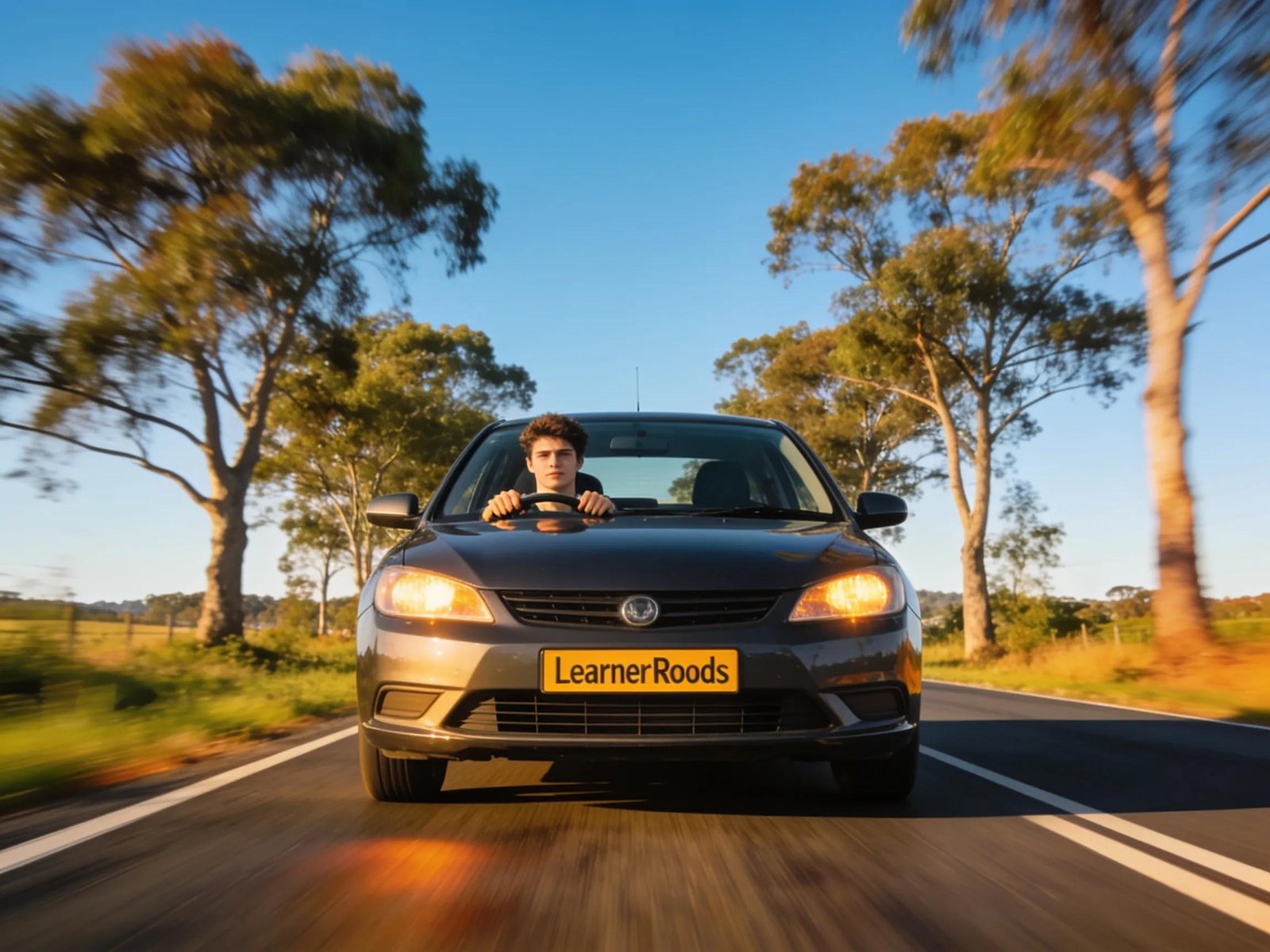 Young learner driver confidently navigating a scenic road in preparation for the VicRoads driving test