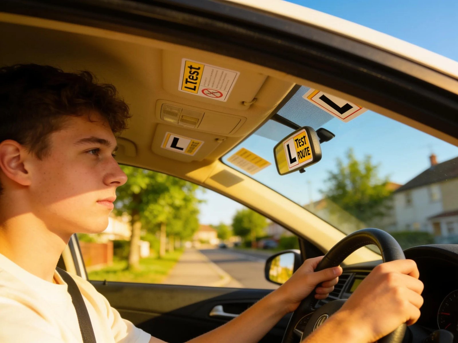 Young learner driver preparing for the VicRoads driving test in a car on a suburban street