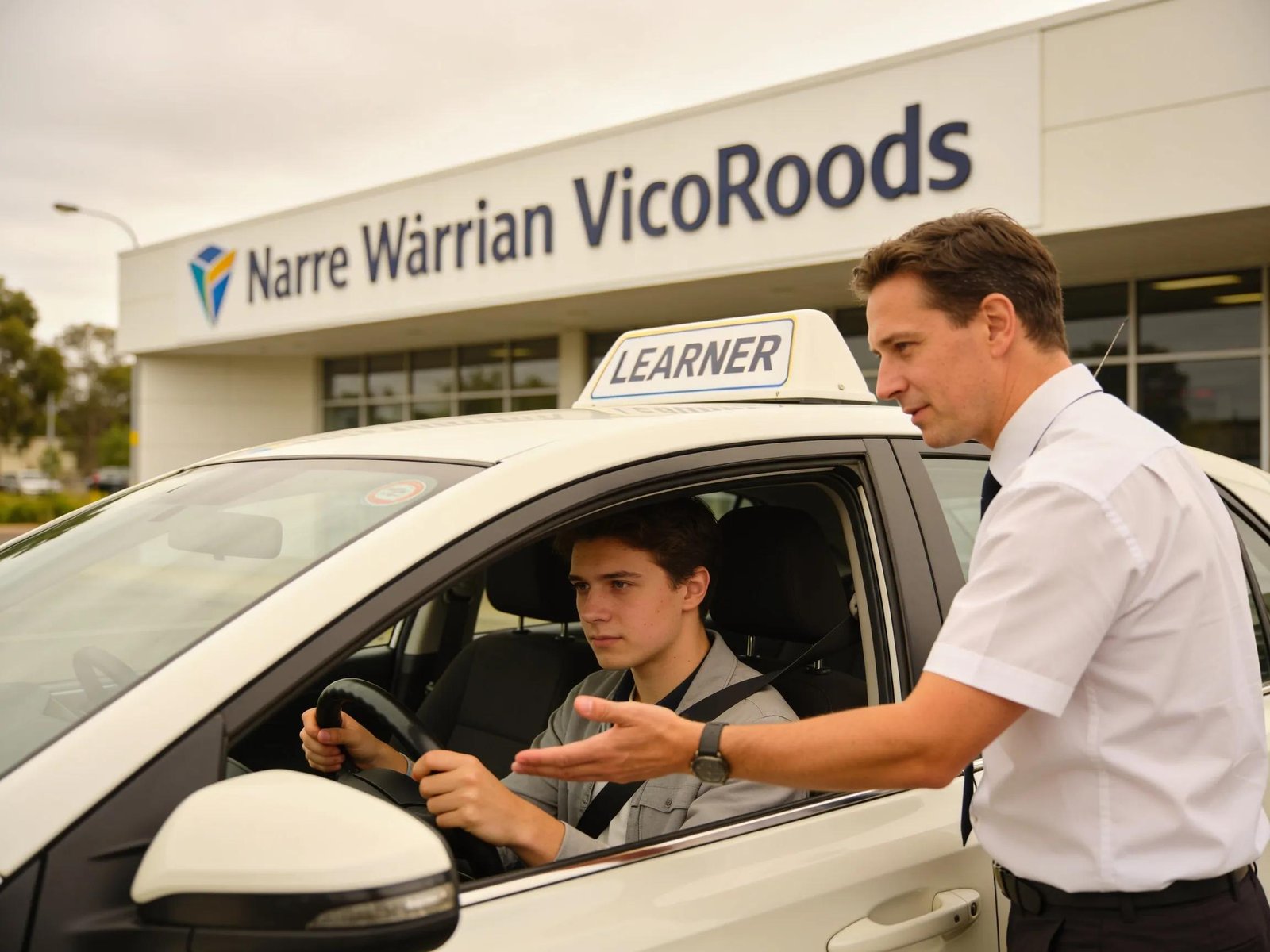 Learner driver receiving driving instruction in a dual-control vehicle near Narre Warren VicRoads