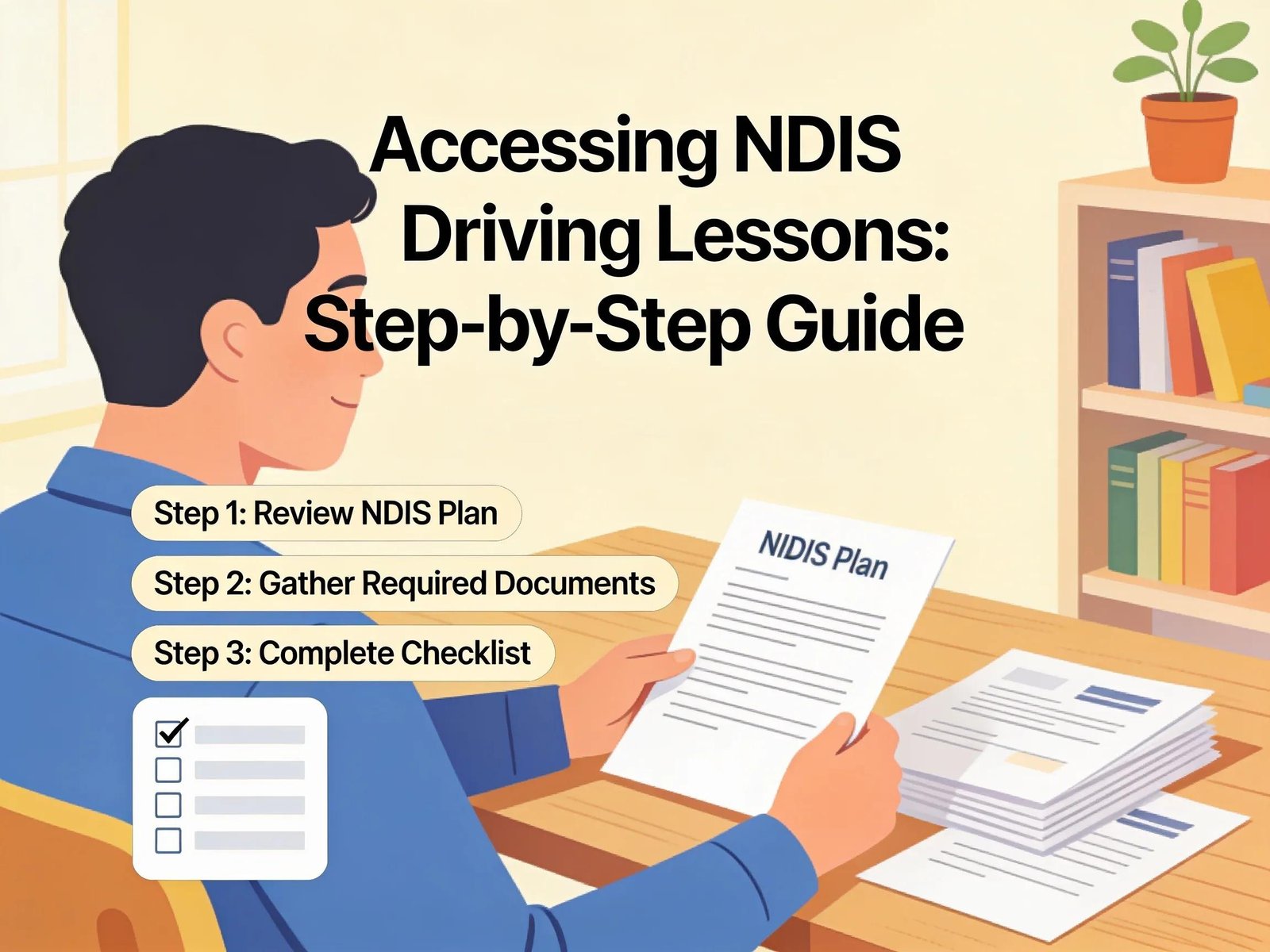 Individual reviewing NDIS plan and preparing documentation for driving lessons, illustrating the booking process
