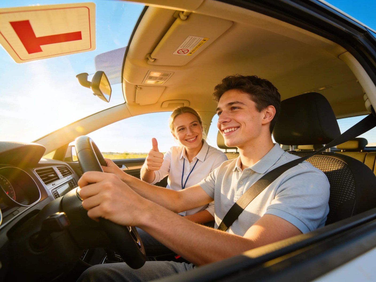 Learner driver smiling while driving with an instructor, illustrating the positive benefits of NDIS driving lessons