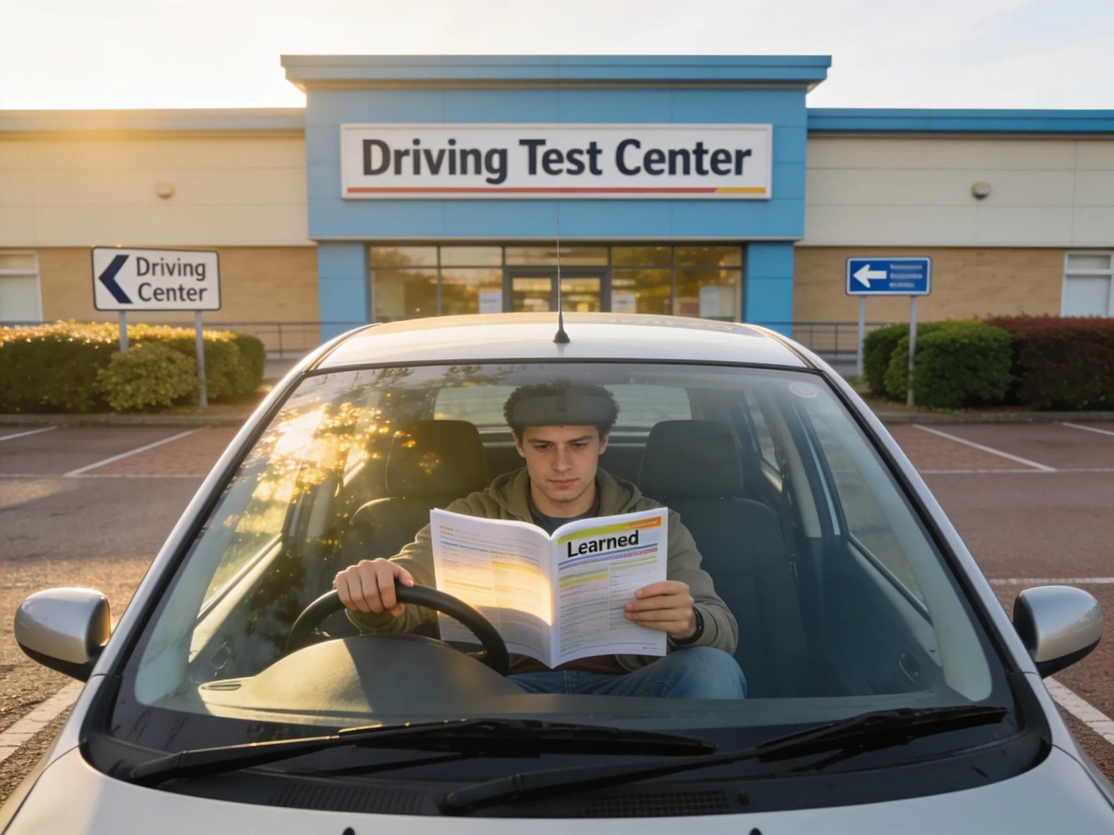 Learner driver preparing for driving test outside the examination center