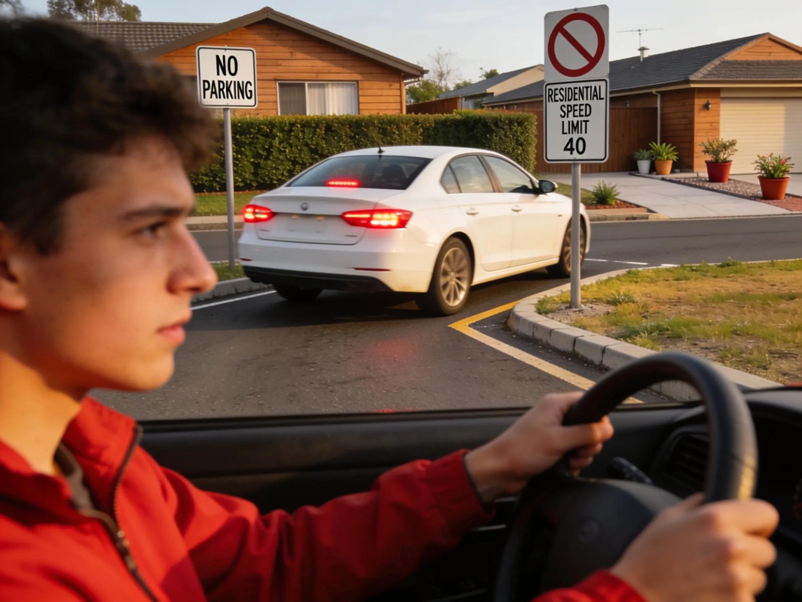 Student practicing parallel parking amidst residential streets of Pakenham, illustrating local driving advantages