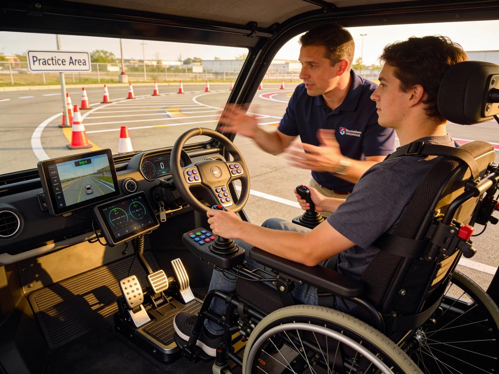 Instructor demonstrating adaptive driving techniques inside a modified vehicle