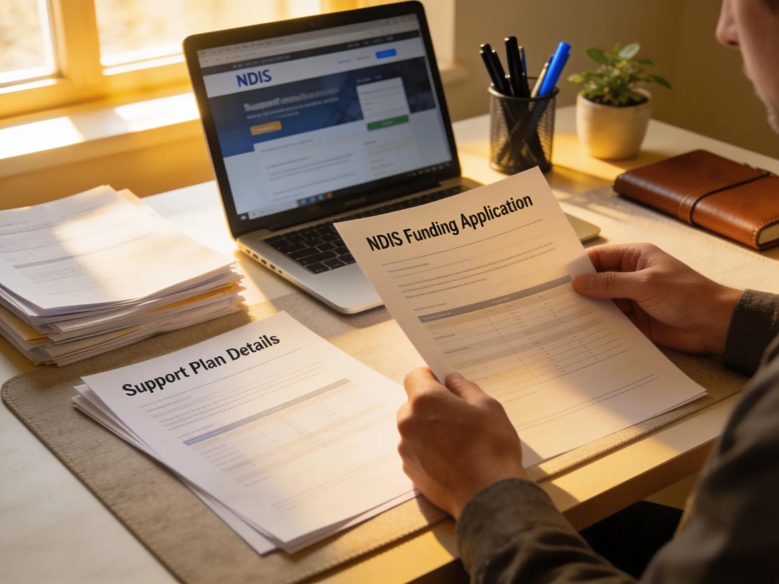 Person reviewing NDIS funding documents in a focused workspace