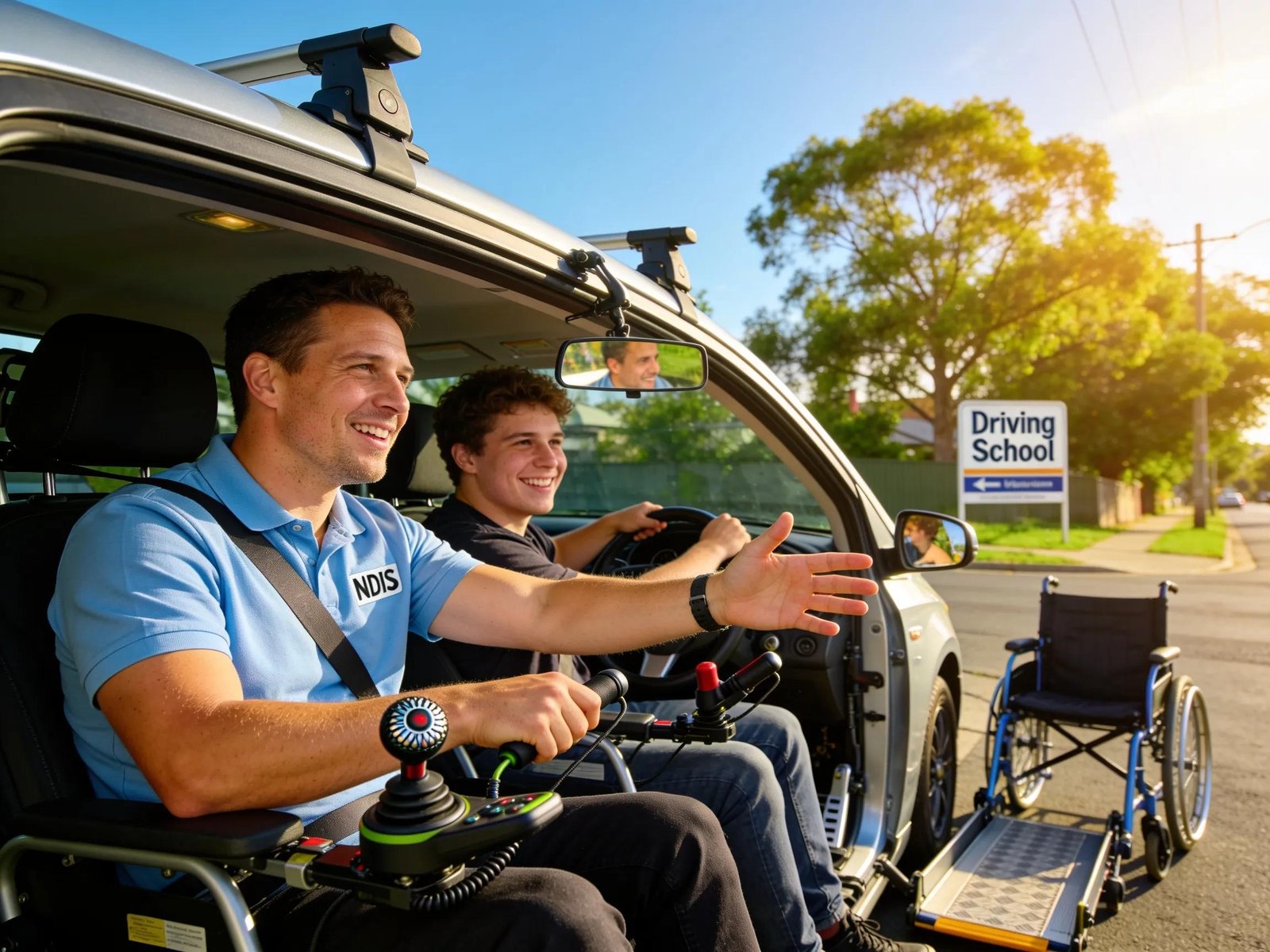NDIS driving lesson scene in Melbourne, featuring instructor and adaptive vehicle