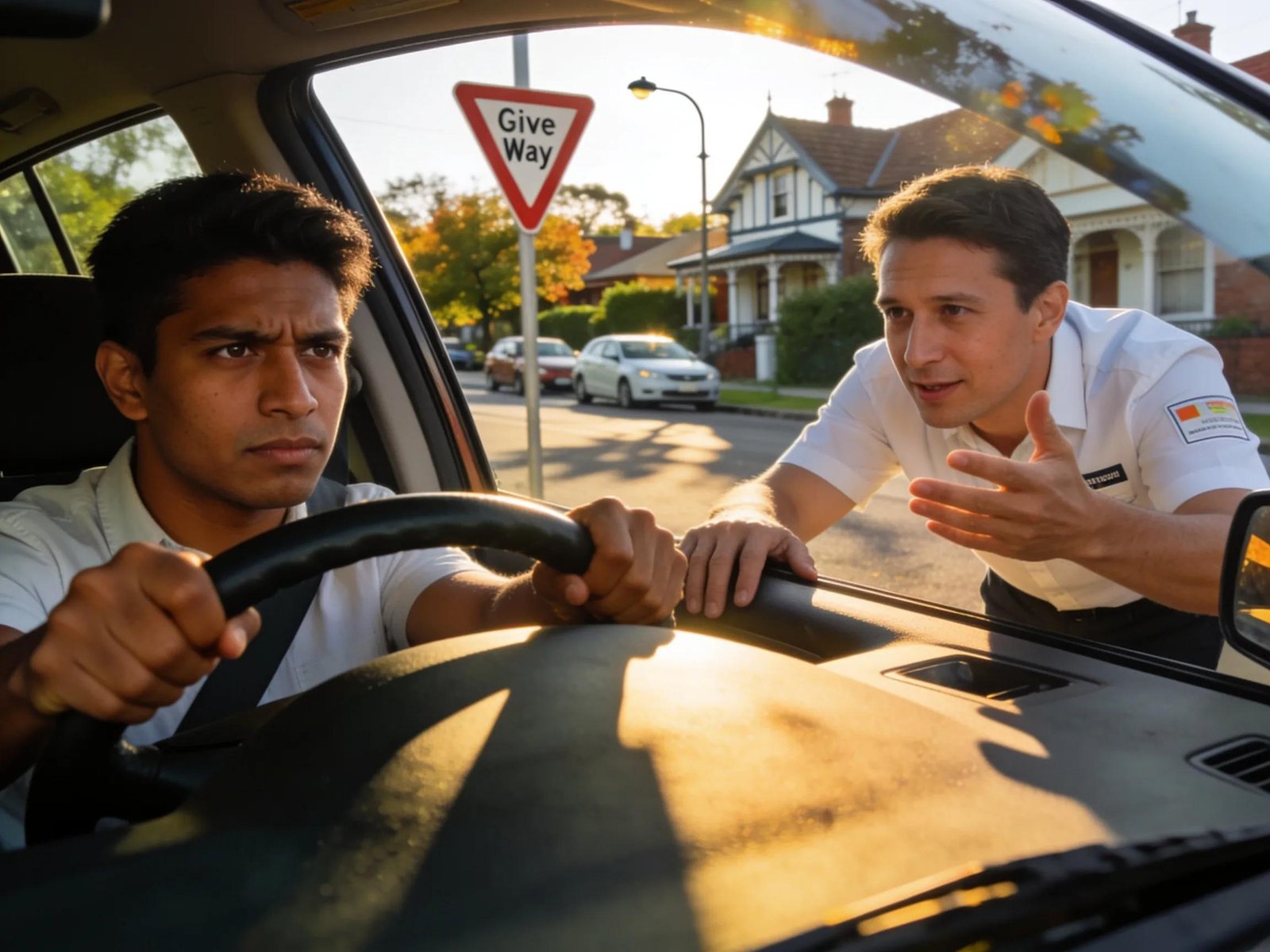 Immigrant practicing driving with an instructor in Melbourne, illustrating preparation for the driving test